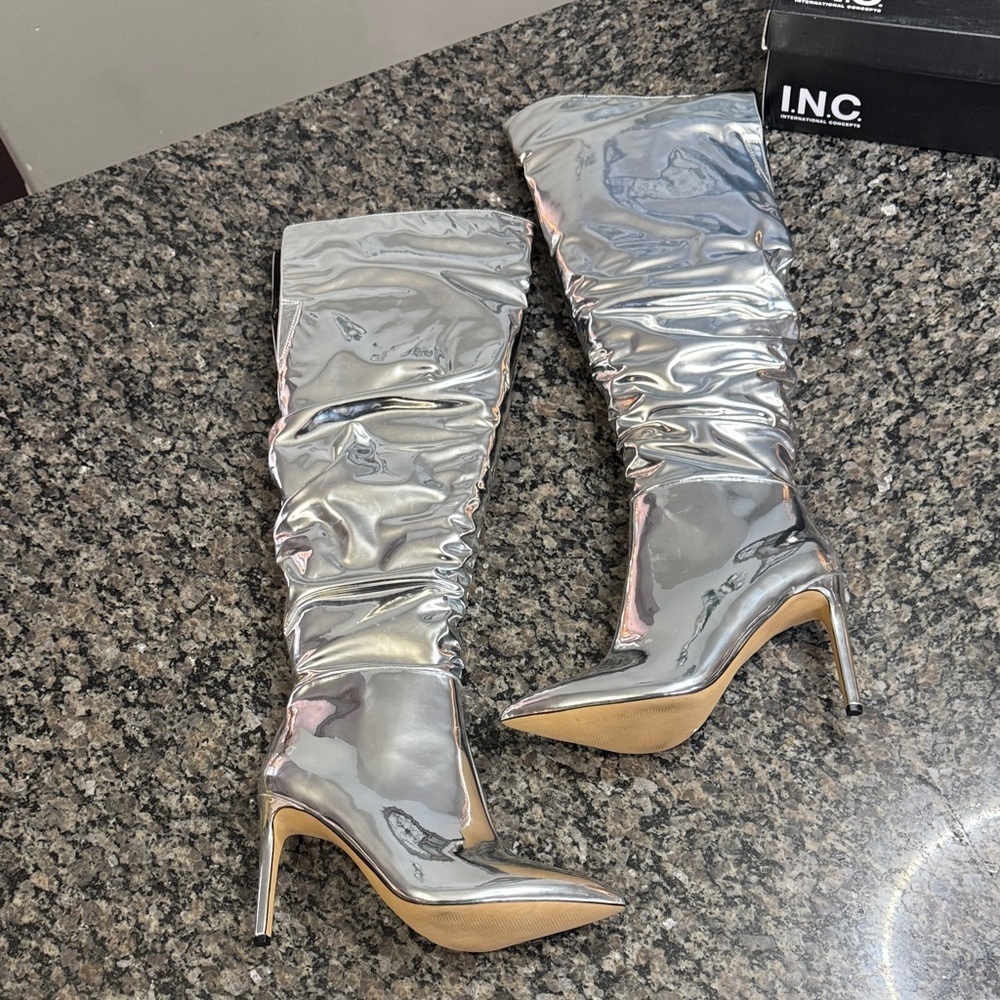 INC International Concepts Iyonna Shiny Silver thigh high Heeled Boots NEW 10